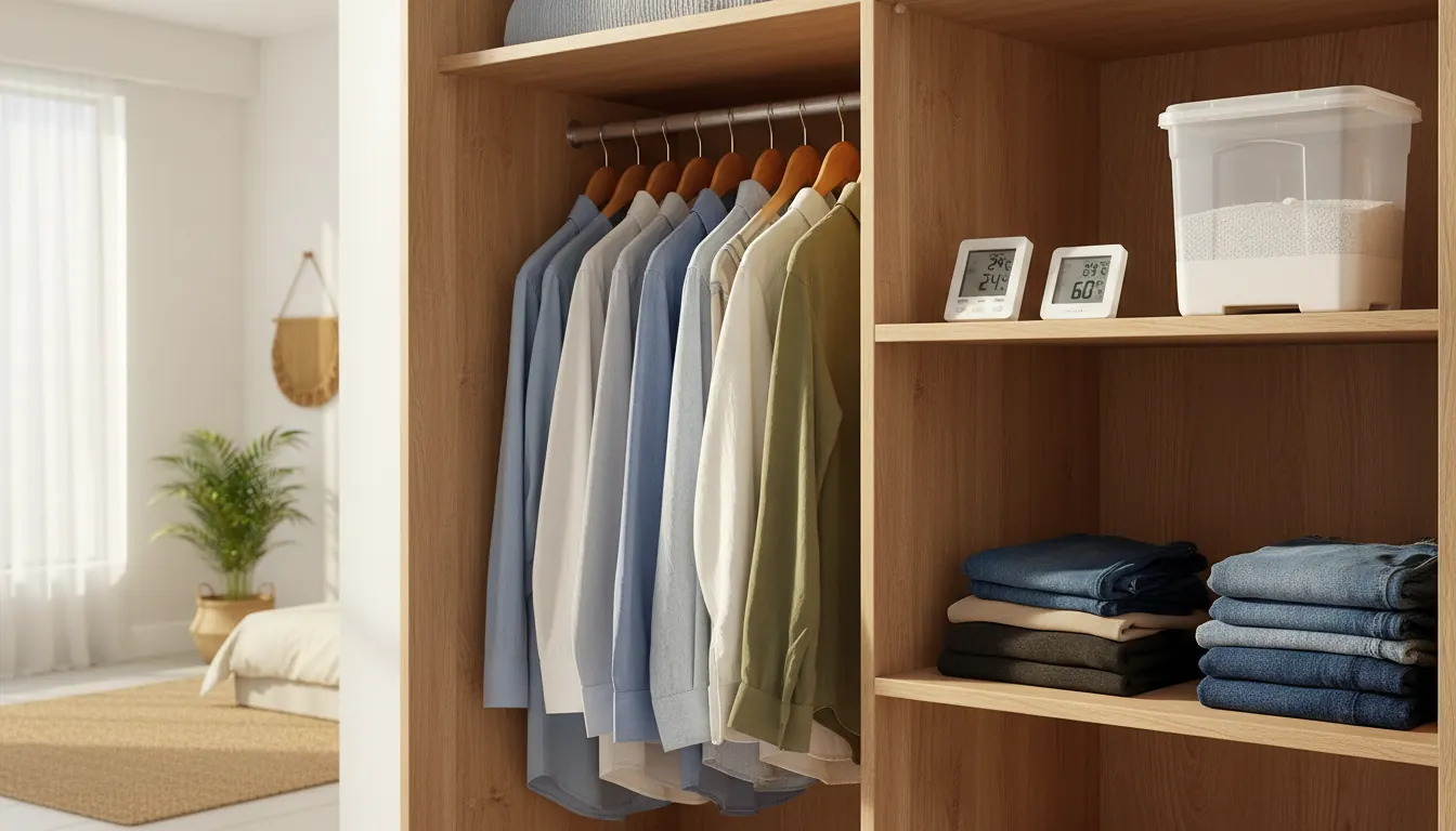 Guarda-roupa aberto com pote antimofo caseiro e higrômetro digital na prateleira de cima