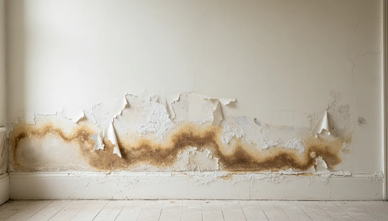 Parede interna com mancha de umidade ascendente, salitre branco e tinta descascando perto do rodapé