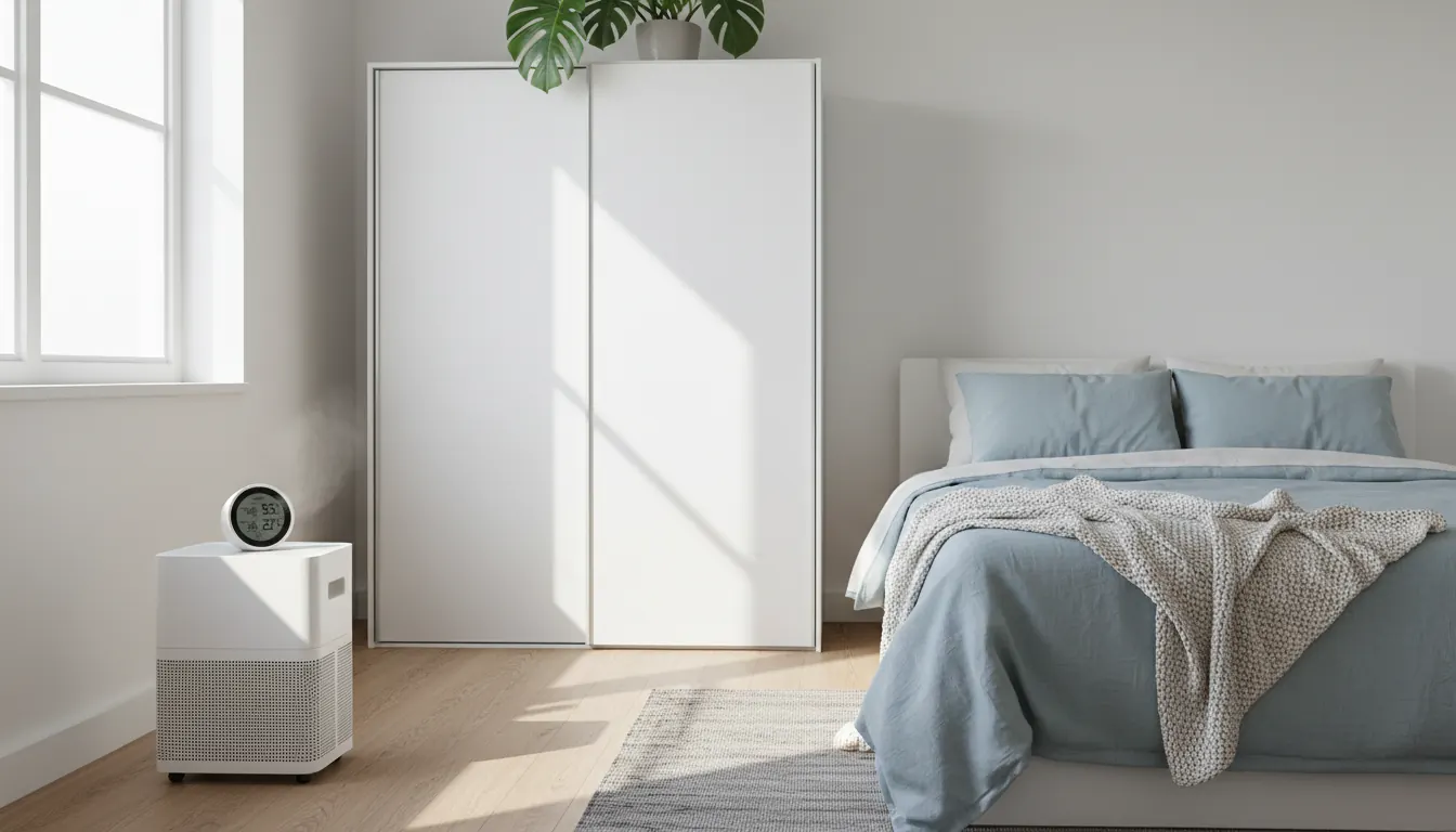 Quarto ventilado com desumidificador, higrômetro digital e guarda-roupa afastado da parede