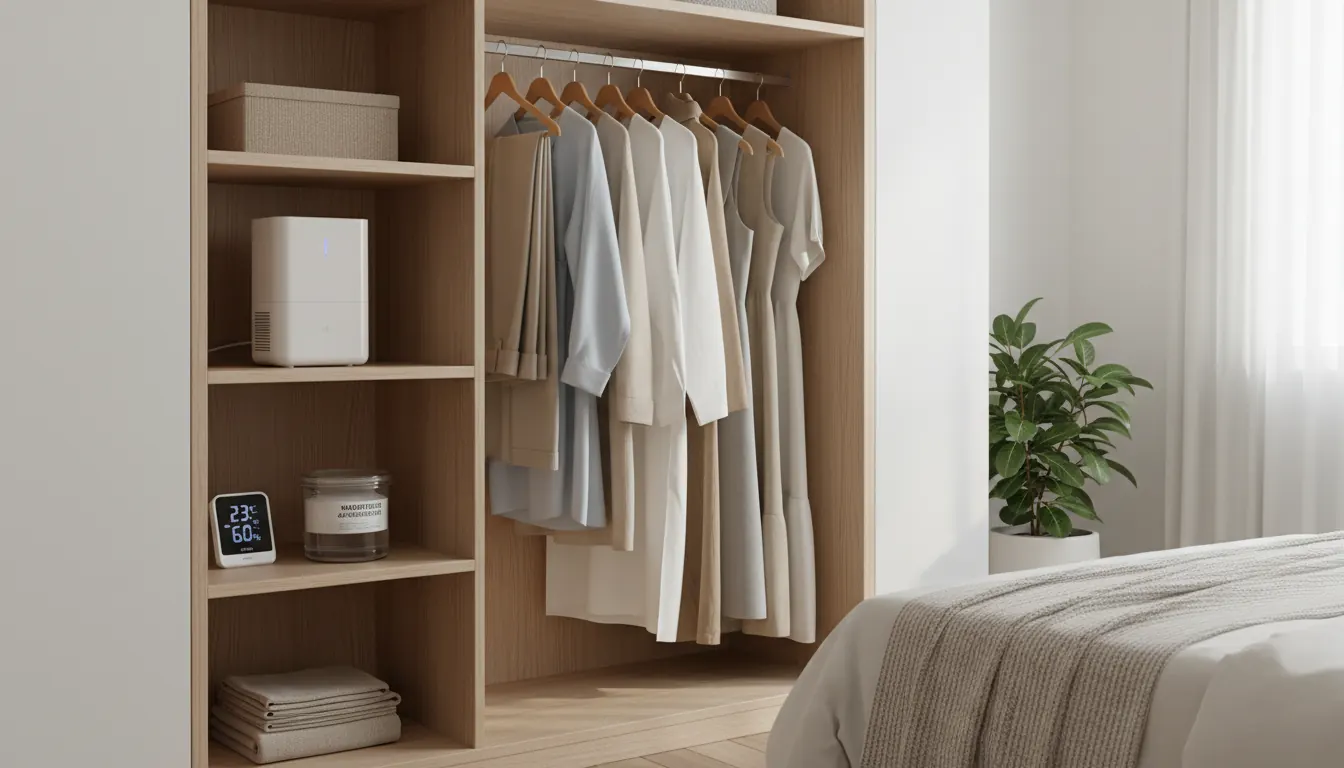 Guarda-roupa aberto com desumidificador elétrico compacto, pote antimofo e higrômetro digital nas prateleiras
