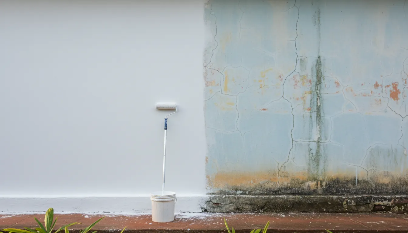 Parede externa de casa com metade coberta por impermeabilizante branco e metade com pintura antiga e fissuras