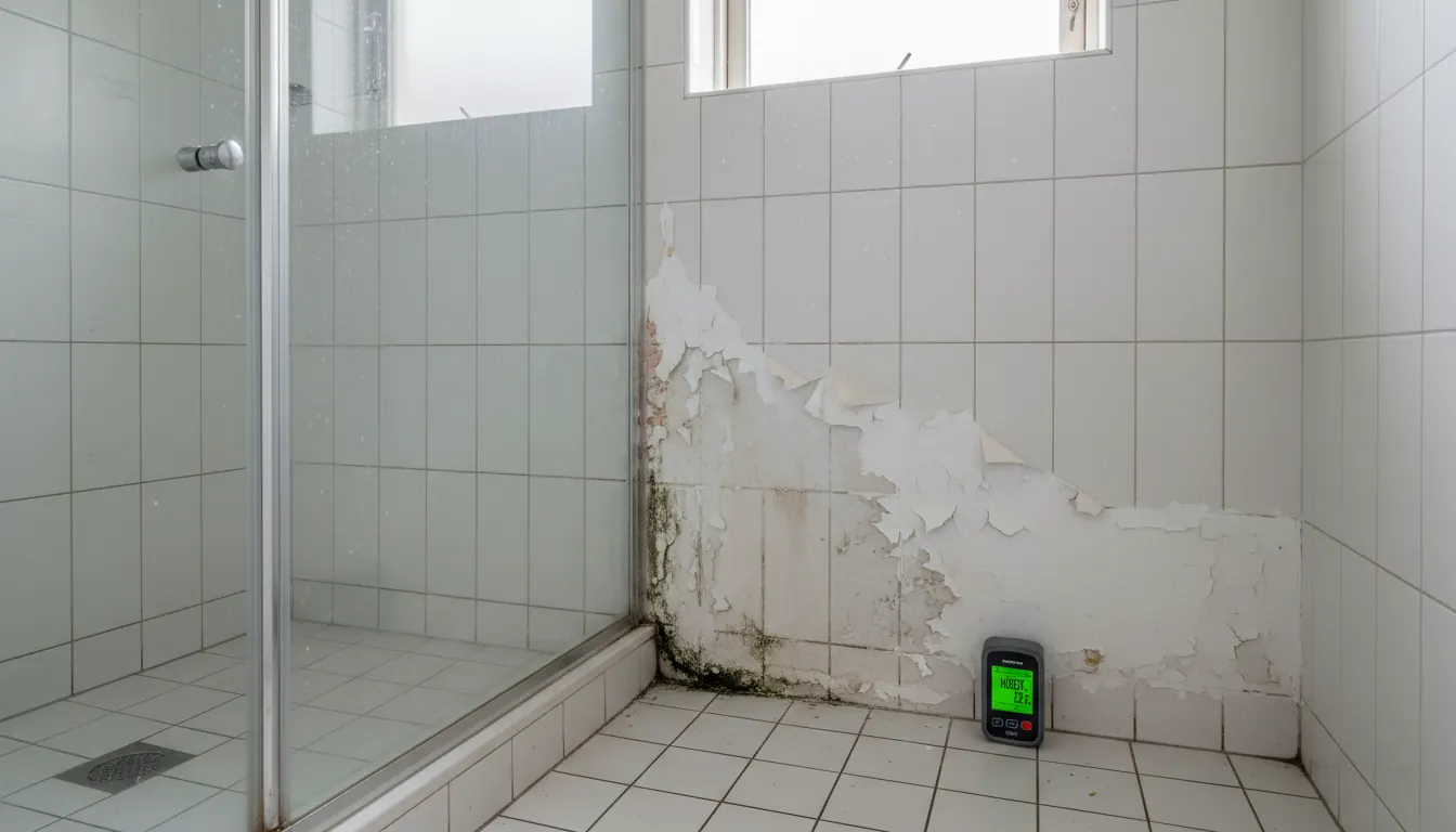 Parede de banheiro com mancha de infiltração na base, ao lado do box, e medidor de umidade no piso