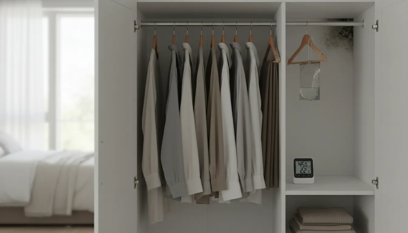 Guarda-roupa aberto com roupas espaçadas, higrômetro na prateleira e antimofo pendurado no cabideiro