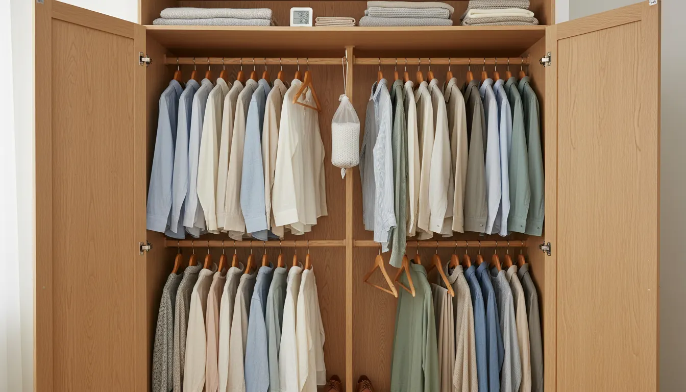 Guarda-roupa organizado com sachê antimofo pendurado e higrômetro digital na prateleira
