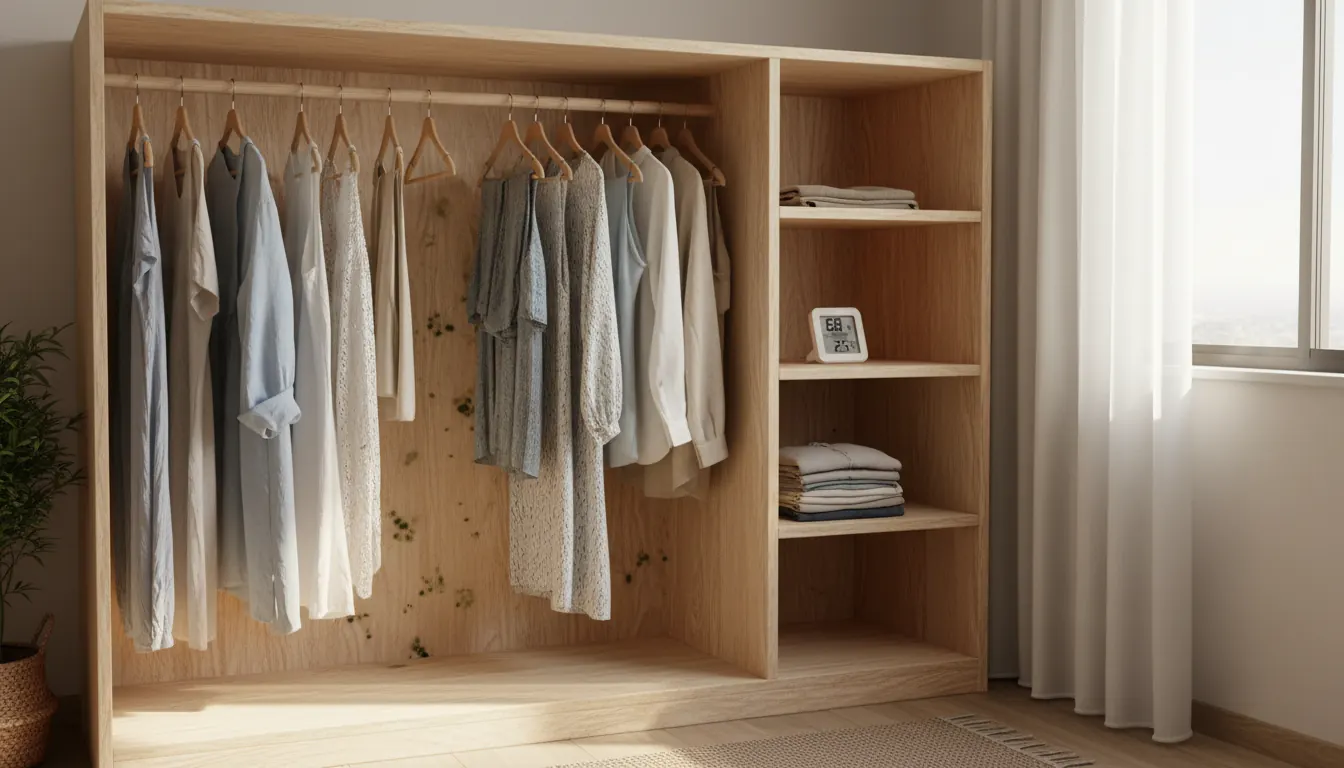 Guarda-roupa aberto com roupas espaçadas, higrômetro na prateleira e pontos de mofo no fundo