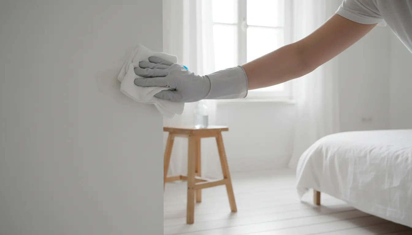 Mão com luva limpando o canto da parede com pano úmido depois de aplicar o removedor de mofo
