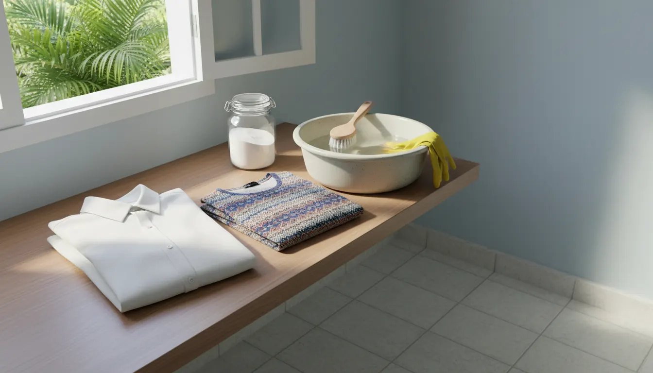 Camisa branca e camiseta colorida ao lado de bacia de molho, escova e luvas em lavanderia iluminada