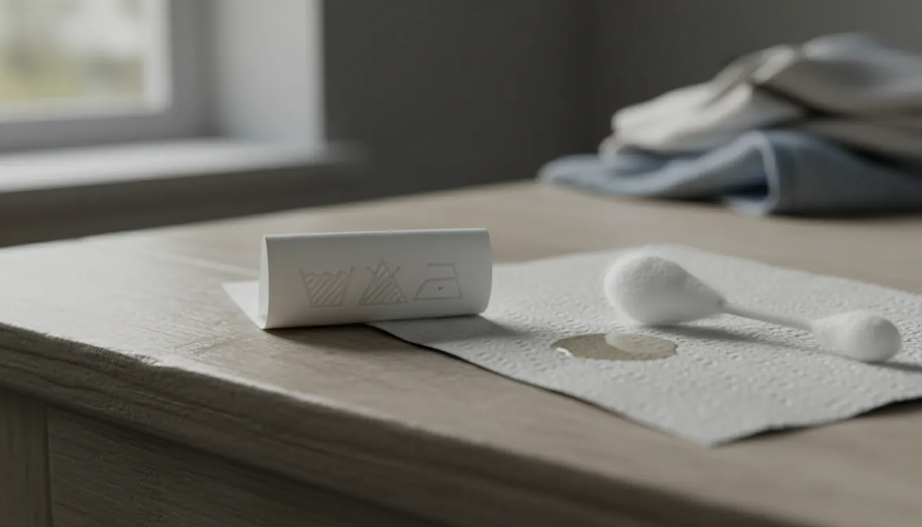 Etiqueta de roupa com símbolos de alvejante ao lado de cotonete e papel-toalha para teste de cor